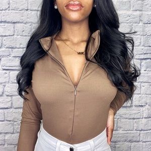 Brown zip up bodysuit - so zip me again